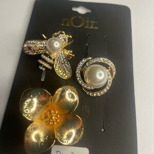 Noir Gold and Pearl Brooch Set, bee, flower, pearl